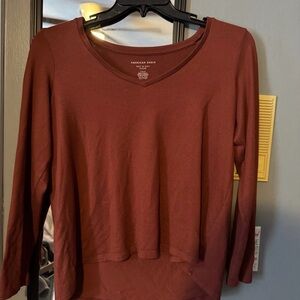 American Eagle Outfitters Women's Long Sleeve V-Neck Top - Rust Brown